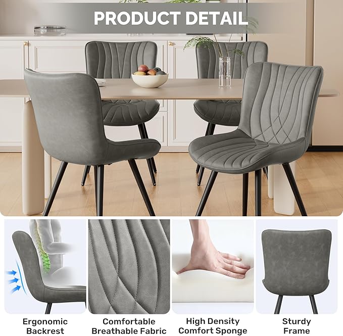 Dining Chair Set of 2 PU Leather Dining Room Chairs Upholstered Comfy Dining Chairs,Modern Kitchen Armless Side Chair with Sturdy Metal Legs,Grey