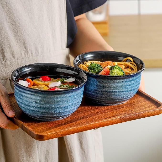 Hasense Cereal Bowl Set of 6, 20 Ounces Ceramic Soup Bowls Set for Kitchen, Suit for Cereal Soup Rice Pasta Salad Oatmeal, Microwave and Dishwasher Safe(Blue)