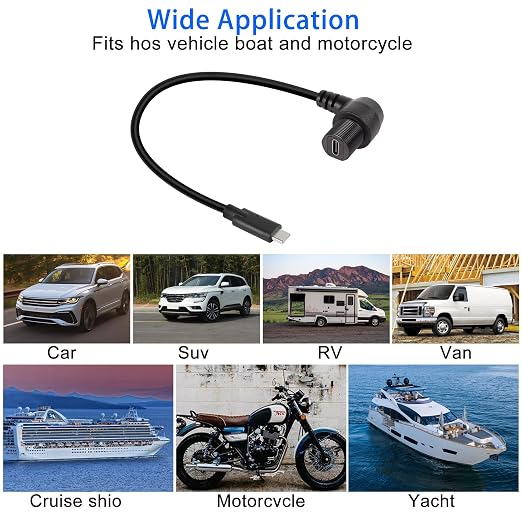 QIANRENON 90 Degree Angle USB C Flush Panel Mount Cable USB Type C 2.0 Female to Male Right Angle Waterproof Extension Cable Threaded to Dashboard or Panel 30cm/11.8 in (UP&ampDown Bend)
