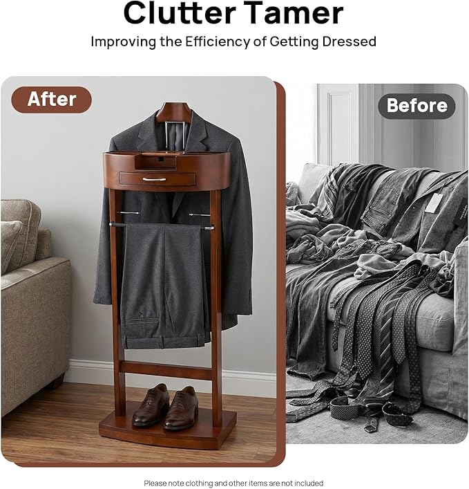 Wood Suit Rack, Freestanding Clothing Valet Stand Valet Stand Suit Racks Freestanding Wood Clothing Valets Stand Rack Organizer Clothes Butler for Bedroom Entryway Home Living Room Office