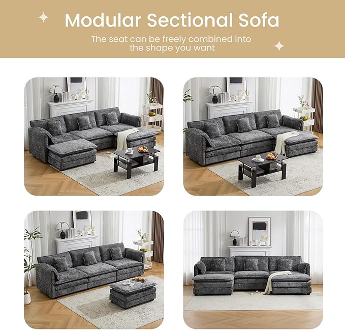 76.2" Modular Sectional Sofa with Movable Ottoman, Deep Seat couches for Living Room, 2 Seater Loveseat Sofa, L Shaped Comfy Cloud Couch with Removable Cover, Armrest Pillow (Grey)