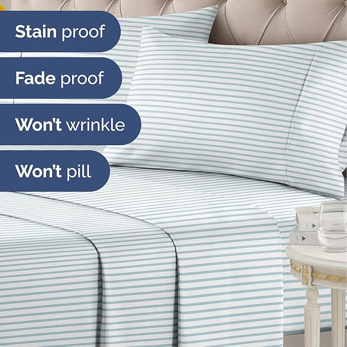 Striped Sheets - Blue & White Striped Sheets - 1 Flat & 1 Fitted & 2 Pillowcases w/ Deep Pockets – Wrinkle & Fade Free - Soft, Breathable and Cooling - Luxury Pinstripe Bedding - Full Size Bed Set