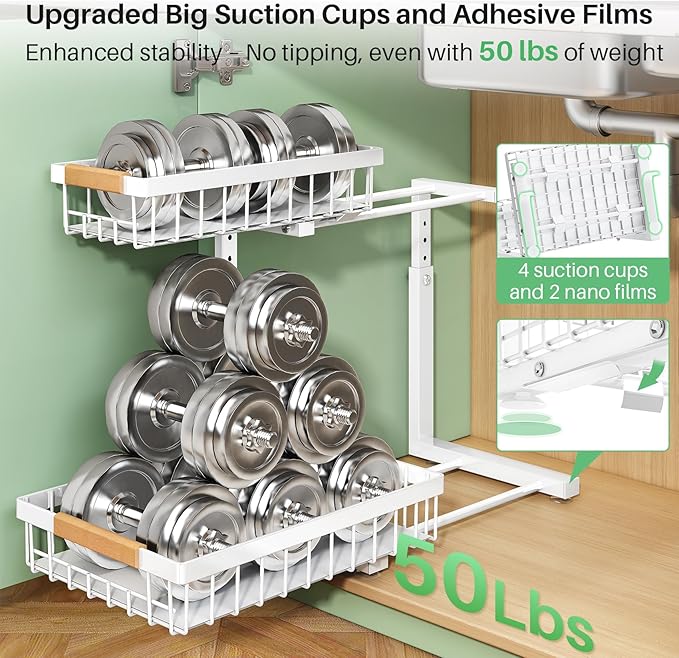 Pull out Cabinet Organizer, 1 Pack Under Sink Organizer, Slide out Metal Kitchen Cabinet Organizers Drawer Shelf, Sliding Storage Shelves for Kitchen Bathroom Pantry Closet Organization Rack(White)
