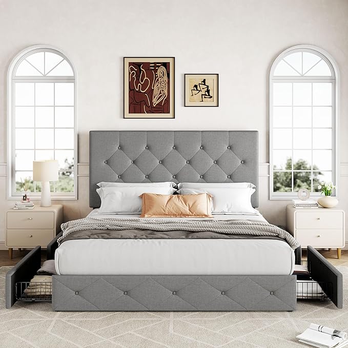 Allewie Upholstered Full Size Platform Bed Frame with 4 Storage Drawers and Headboard, Diamond Stitched Button Tufted, Mattress Foundation with Wooden Slats Support, No Box Spring Needed, Light Grey