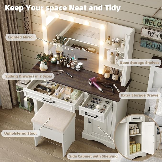 Farmhouse Vanity Makeup Desk, 43" W Vanity Desk with Lights Mirror and Drawers for Makeup, Big Modern Table Set with Stool for Bedroom, Antique White