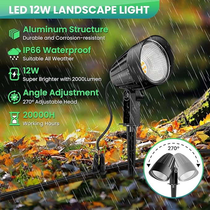 ZZXX Low Voltage Landscape Lighting 12W 2700K Landscape Spotlights with Photocell Sensor 1200LM Super Warm White LED lighting Outdoor IP66 Waterproof AC/DC 12V-24V for Yard Garden Pathway Tree(8 Pack)