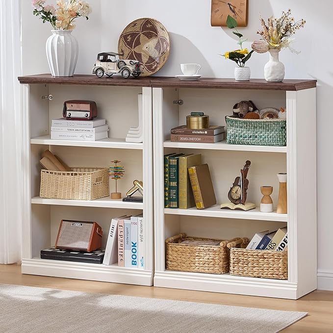 43" White Tall Bookshelf,3-Tier Thick Wooden Book Shelf with Adjustable Shelves,Free Standing Farmhouse Bookcase with Open Display Storage,Floor Vintage Bookshelves for Living Room,Office