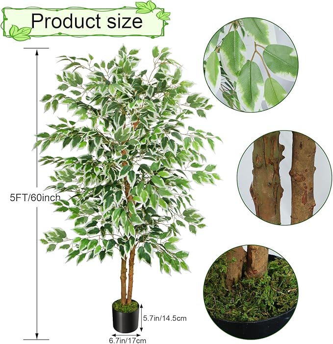 GTIDEA 2 Pcs 5ft Ficus Artificial Trees, Tall Faux Trees Indoor with Natural Trunk and Fake Silk Tree Fake Plants for Home Fall Decor Living Room Outdoor Balcony House Office (Included Dried Moss)