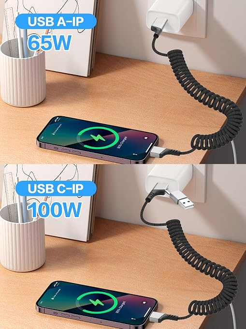 YACSEJAO Coiled USB C Charging Cable with USB A Adapter 2-in-1 Spring Coiled Phone Charger Cord 480Mbps Data Transfer Compatible Tablets Laptops Power Banks and More (Right Angle)