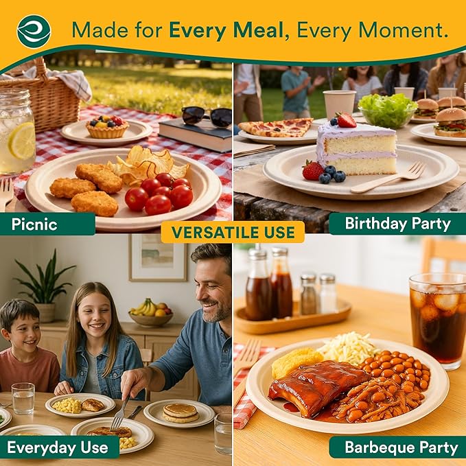 ECO SOUL Compostable 9 Inch(200-Pack) Biodegradable Heavy-Duty Disposable Eco-Friendly Paper Plates for Dinner & Parties, Wedding, Event