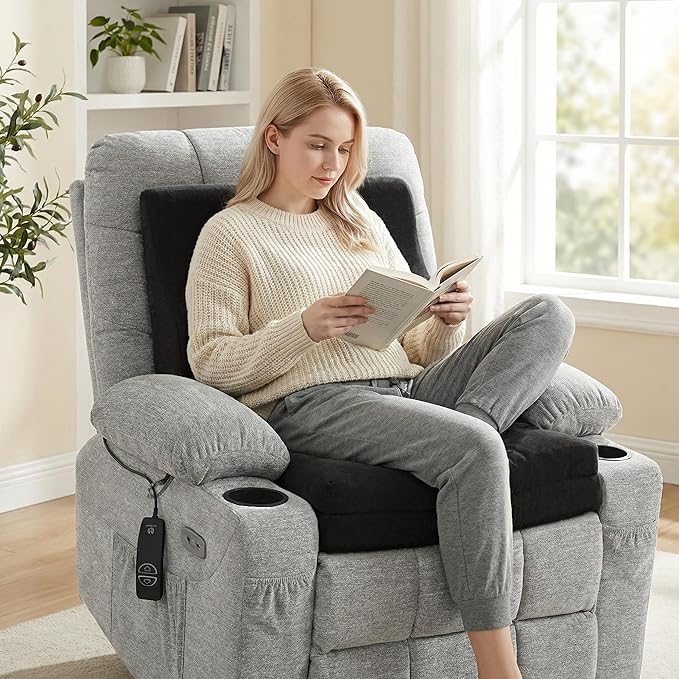 baibu Memory Foam Recliner Cushions with Lumbar Support Pillow Set for Elderly, 20x20x5 Inch Dual-Layer Design Non-Slip Recliner Seat Cushion & Back Support Pillow for Reduce Hip & Lumbar Pain, Black