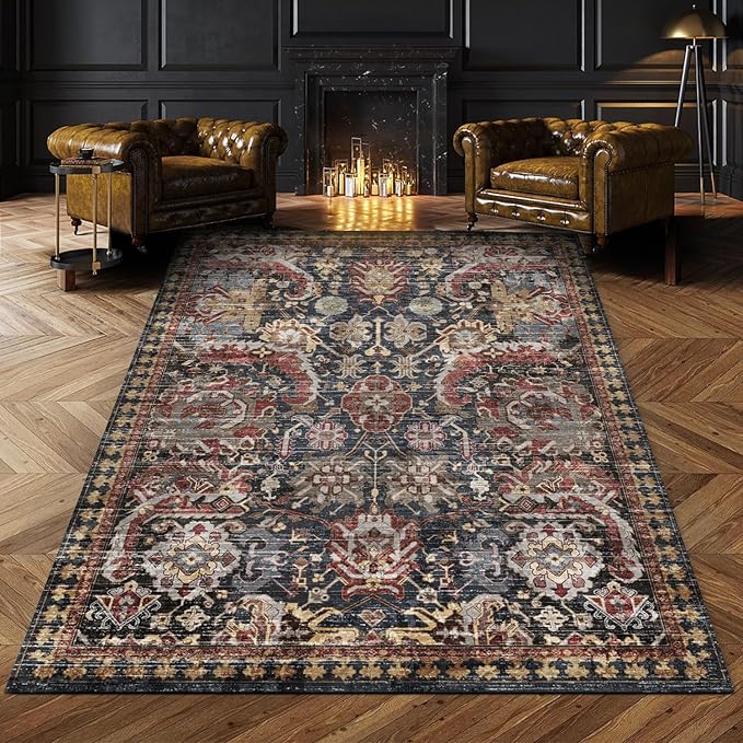 RUGSURE Washable Area Rugs - Perfect for Living Room, Bedroom, Kids Room, Nursery - Stain & Water Resistant Non-Slip, Pet & Child Friendly, Vintage Tribal Area Rugs (Rust, 5' x 7')