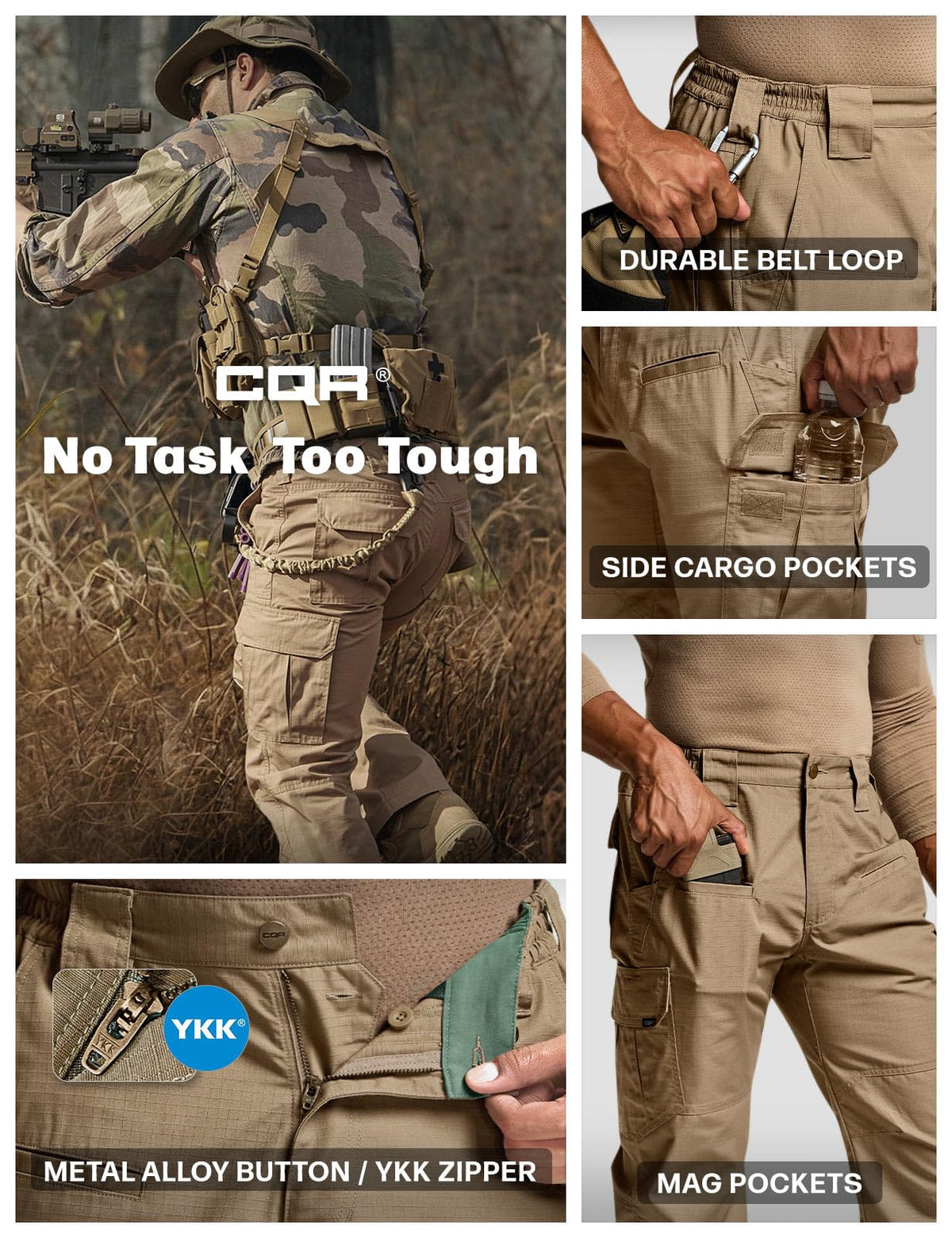 CQR Men's Tactical Pants, Water Resistant Ripstop Cargo Pants, Lightweight EDC Work Hiking Pants, Outdoor Apparel, Raider Cougar, 34W x 30L
