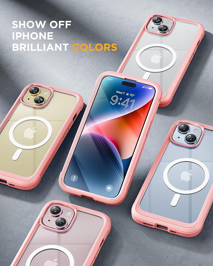 Miracase Glass Series for iPhone 15 Case [Compatible with MagSafe] Full-Body Magnetic Case with Built-in 9H Tempered Glass Anti-Fingerprint Screen Protector + Camera Lens Protector, Baby Pink