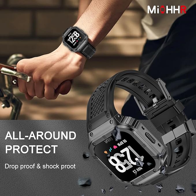 MioHHR Stainless Steel Case and Band Compatible with Fitbit Versa 4/3/2/Lite/Sense/Sense 2 Bands with Metal Case, Rugged Sports Protector Cover Silicone Wristbands for Men, Grey