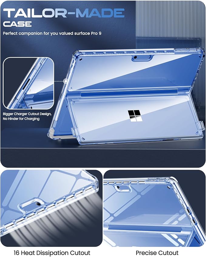 INFILAND Surface Pro 11/10/9 Case Crystal Clear Multi-Angle Shockproof for Microsoft Surface Pro 11th Edition AI 2024 Work with Surface Pro Signature Keyboard &amp Slim Pen 2 Mysterious Black