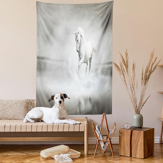 Ambesonne Horses Tapestry Twin Size, Wild Horse Running Through Water Dramatic for the Motivation of Life Art, Wall Hanging Bedspread Bed Cover Wall Decor, 68" X 88", Black and White