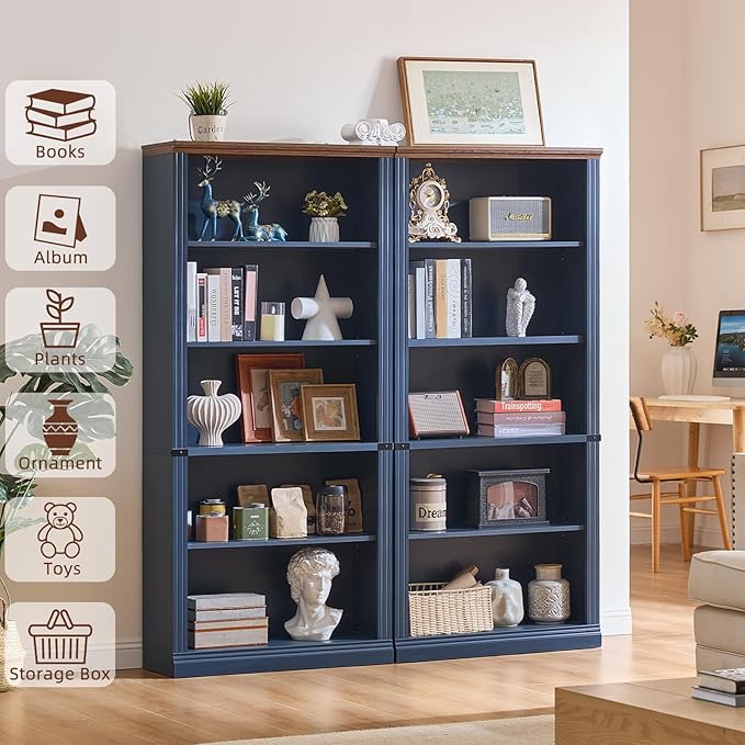 70" Blue Tall Bookshelf,5-Tier Thick Wooden Book Shelf with Adjustable Shelves,Free Standing Farmhouse Bookcase with Open Display Storage,Floor Vintage Bookshelves for Living Room,Office