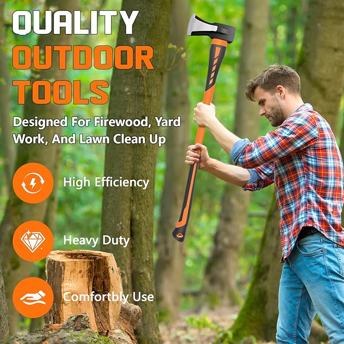 Chopping Axe, Hand Axe, Camp Hatchet for Splitting Kindling and Chopping Branches, Wood Chopping Axe 5.5 lb with 36-in Fiberglass Handle (L)