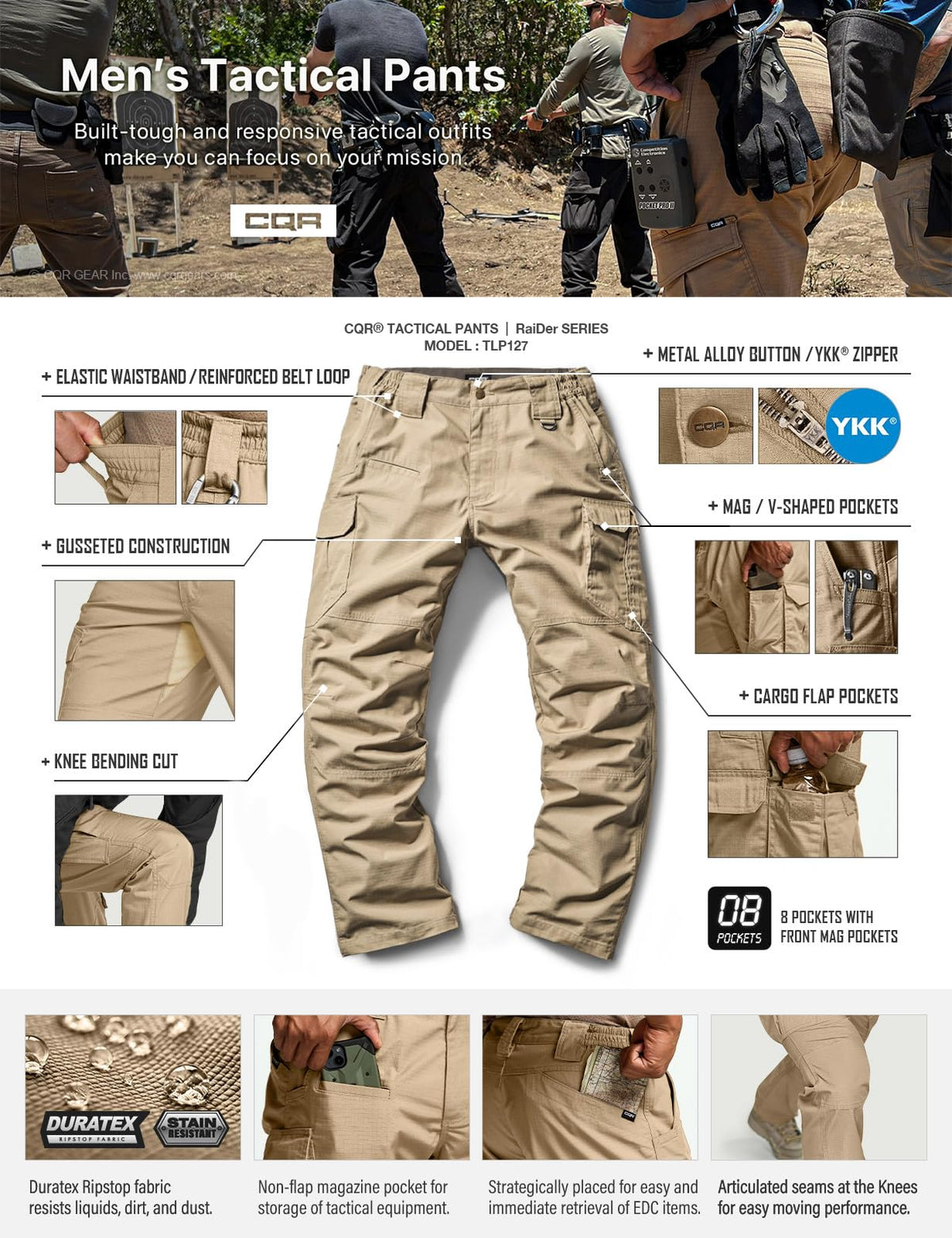 CQR Men's Tactical Pants, Water Resistant Ripstop Cargo Pants, Lightweight EDC Work Hiking Pants, Outdoor Apparel, Raider Mag Pocket Khaki, 32W x 30L