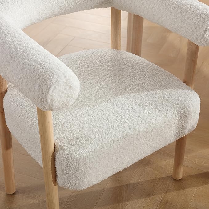White Boucle Dining Chairs Set of 4, Modern Upholstered Dining Chairs, Curved Backrest Kitchen Dining Room Chairs Accent Chairs Arm Chairs with Natural Wood Legs