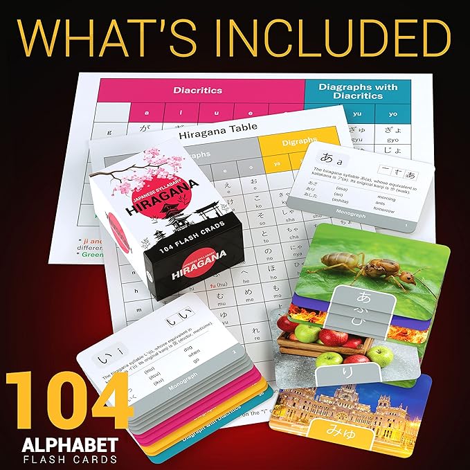 Japanese Hiragana Flash Cards for Kids & Adults – 104 Alphabet Learning Cards with Pictures & Stroke Order – Study Aid for Beginners, Teachers, Classrooms, Homeschool Language Learning Tools