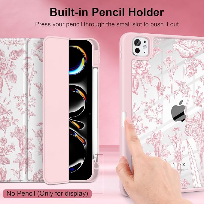 DONGKE for iPad Pro 11-Inch Case (M5 2025 / M4 2024) 6th/5th Generation [Auto Sleep/Wake &amp Pencil Pro Holder] Clear Acrylic Back Smart Trifold Stand Cover Bear &amp Cherry