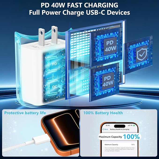 iPhone 17 Pro Max Charger Fast Charging [2-Pack] 40W USB C MFi Certified Fast Charger Block with 2x10FT Woven Type C to C Cable for iPhone 17/Pro Max/Pro/Air/16/16 Pro Max/15/iPad – Orange