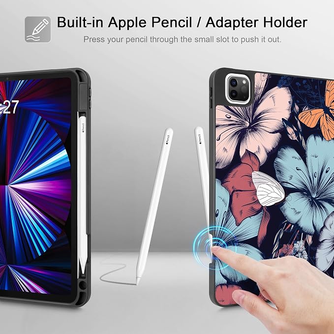 May Chen Case for iPad Pro 11 inch (4th 3rd 2nd &amp 1st Gen) 2022 2021 2020 2018 Trifold Stand + Pencil Holder + Auto Wake/Sleep + Soft TPU Protective Stand Back Cover Abstract Floral