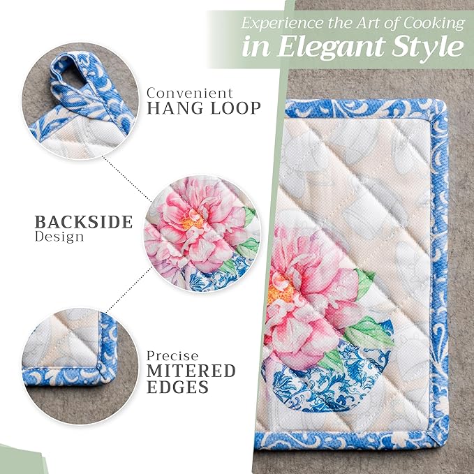 Maison d' Hermine 100% Cotton Oven Mitt & Pot Holder Set (7.5"x13" & 8"x8") Heat Resistant BBQ Cooking Gloves with Loop, Baking, Grilling, Kitchen, Handling Hot Pans Spring/Summer (Canton)