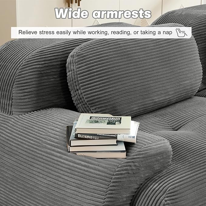 116" Modern Compressed Boneless Couch with Ottoman, 3 Seater Large L Shaped Sectional Couches for Living Room, Gray Corduroy Cloud Modular Sectional Sofa, Memory Foam, Extra Deep, No Assembly
