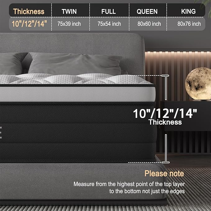 King Size Mattress, 10 Inch Hybrid Mattress in a Box with Individual Pocket Spring, Gel Memory Foam and Euro Top, Medium Firm Feel with Motion Isolation, Pressure Relief, Edge Support,Black