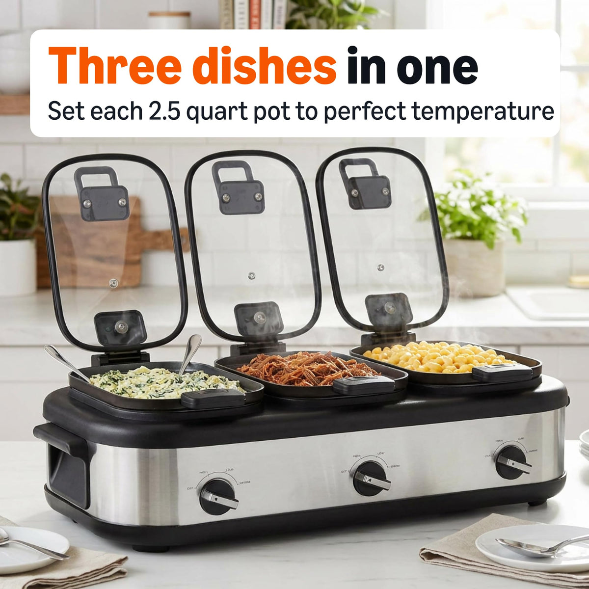 Amazon Basics Stainless Steel Triple Slow Cooker, Dishwasher Safe, Non-Stick, 3 x 2.5 Quarts, Removable Pots, Individual Temp Control, Tempered Glass Lids, for Party Entertaining