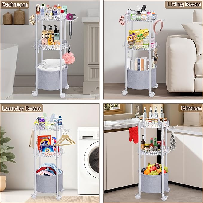 Makeup Organizer Cart with Hair Dryer Holder, 3-Tier Round Rolling Makeup Cart, Small Space Floor Vanity Organizer Cosmetic Display Cases for Skin Care Perfume Nail Polish Brush Tools, White