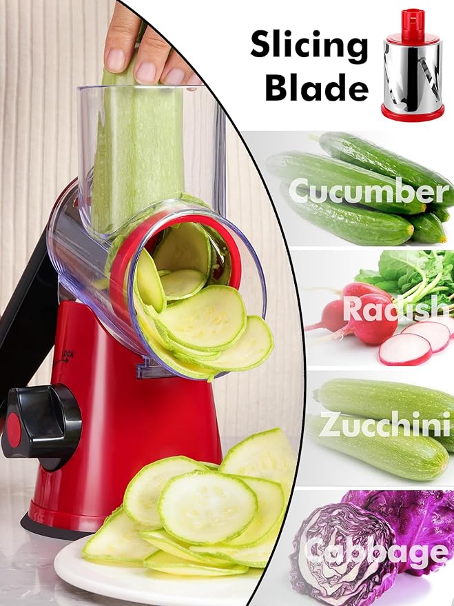 LucGee Rotary Cheese Grater with Handle - 3 in 1 Cheese Shredder Rotary Grater Stainless Steel Handheld, Vegetable Slicer for Fruit, Cheese, Nuts(Red)