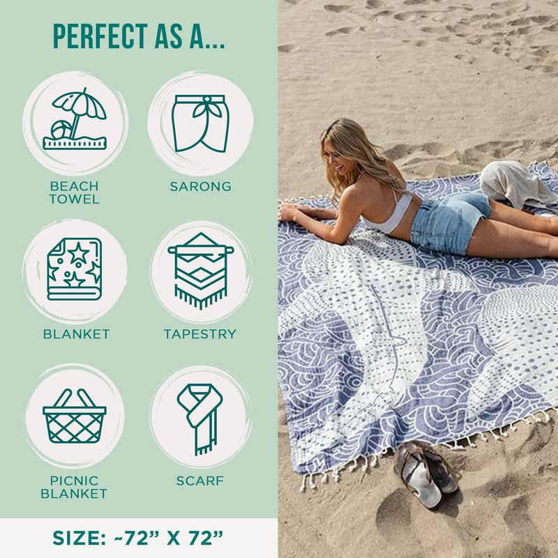 Sand Cloud Extra Large Turkish Beach Towel - 100% Organic Cotton Yarn Quick Dry for Beach, Picnic, Blanket or Bath As Seen on Shark Tank Marine Life (Whale XL)