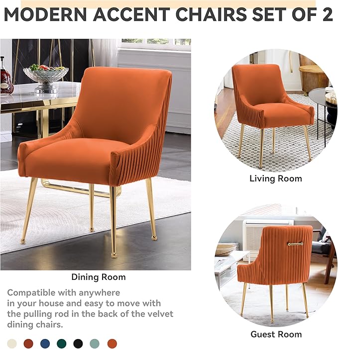 Dining Chairs, Accent Chairs Set of 2, Modern Upholstered Kitchen Dining Room Chairs with Gold Legs, Fabric Tufted Velvet Living Room Chairs for Reception Room Bedroom Guest Room (Orange)