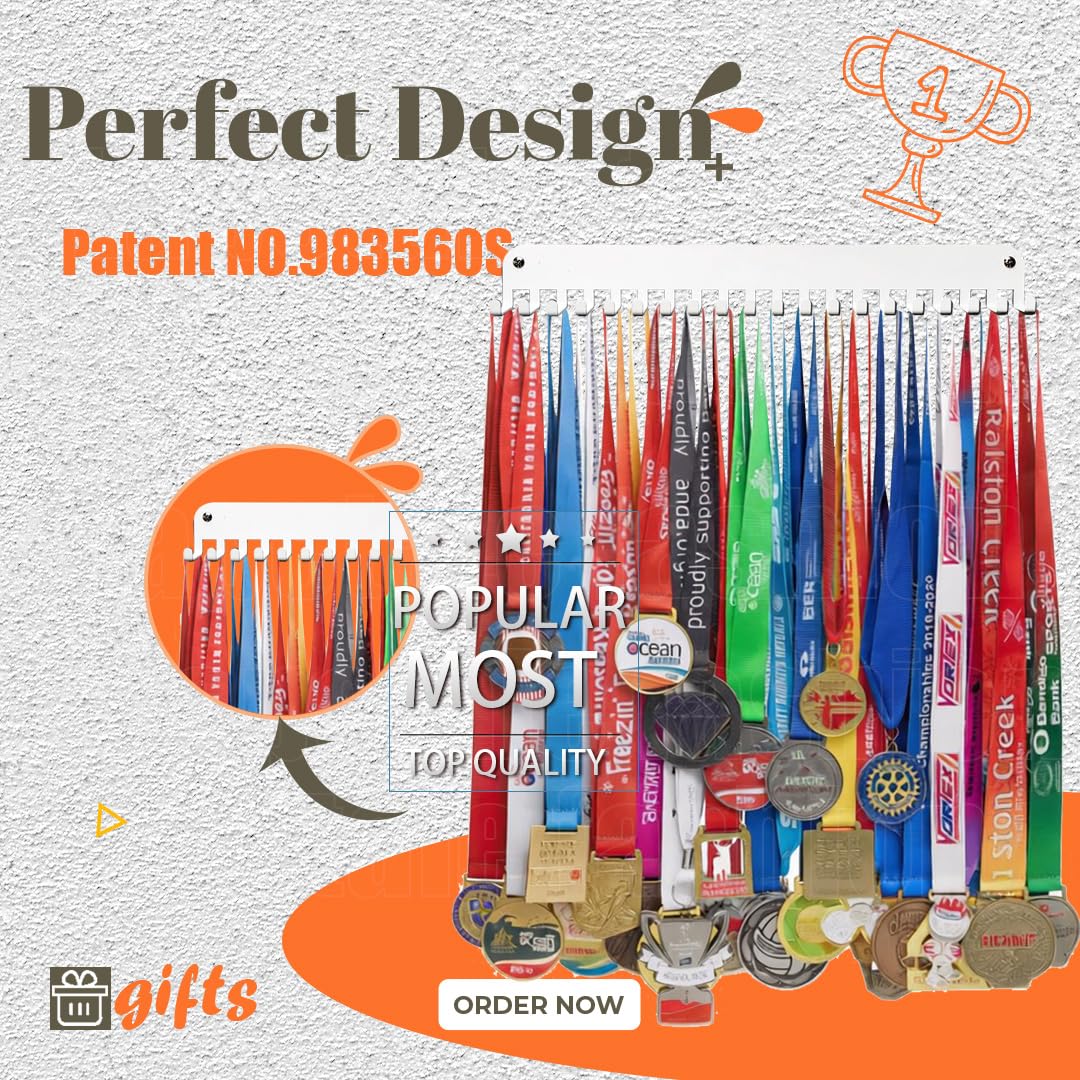Lapetale Fashion White Medal Hanger Holder Display Rack,Race bib Medal Display with 20 Simple Hooks, Race Medal Display Holder,Hanger for Medals