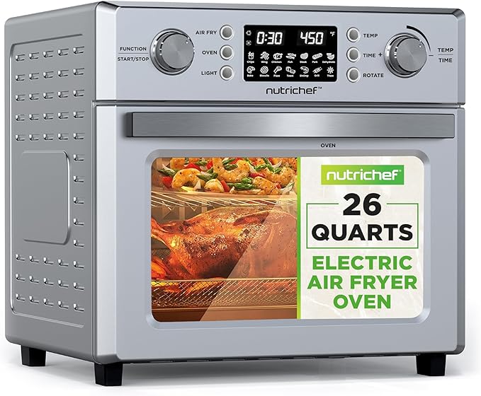 NutriChef 26QT Air Fryer Oven | Countertop Convection Toaster & Air Fryer | 360° Rotisserie Feature | 10 Digital Presets | Includes Drip Tray, Air Frying Basket & Bake Rack 15x16x14 | Stainless Steel