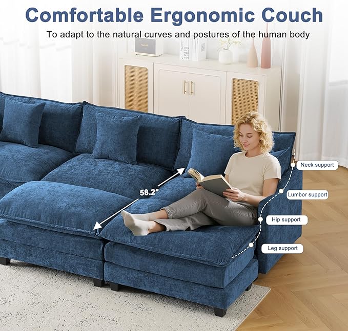 111.4" U Shaped Cloud Couch Sectional with 2 Ottoman｜Modular Chenille Sofa with 29.1" Deep Seat｜FSC Solid Wood Frame｜Easy Assembly & 1YR Guarantee｜for Living Room Bedroom Apartment