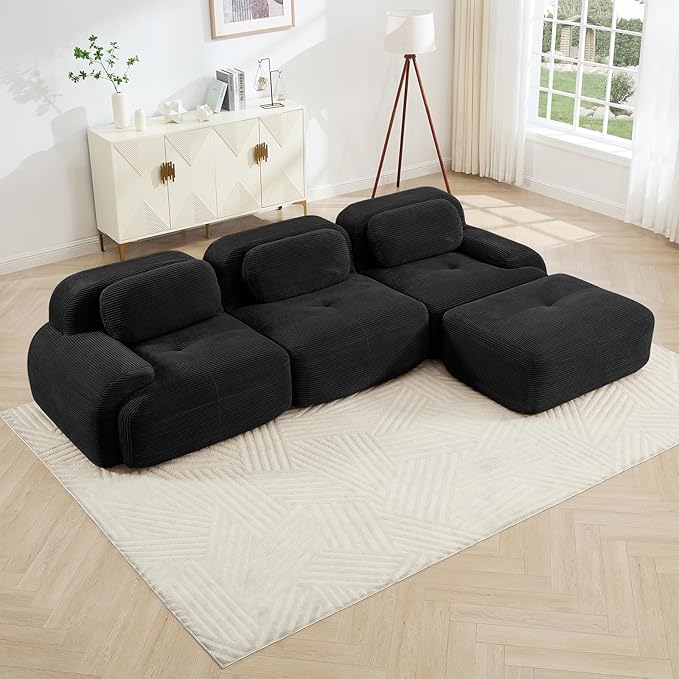 Black Ottoman for Modular Sectional Sofa, Corduroy Deep Seat for Oversized Compressed Boneless Sectional Couches for Living Room Bedroom Apartment, Cloud Sofa Couch, Memory Foam, No Assembly