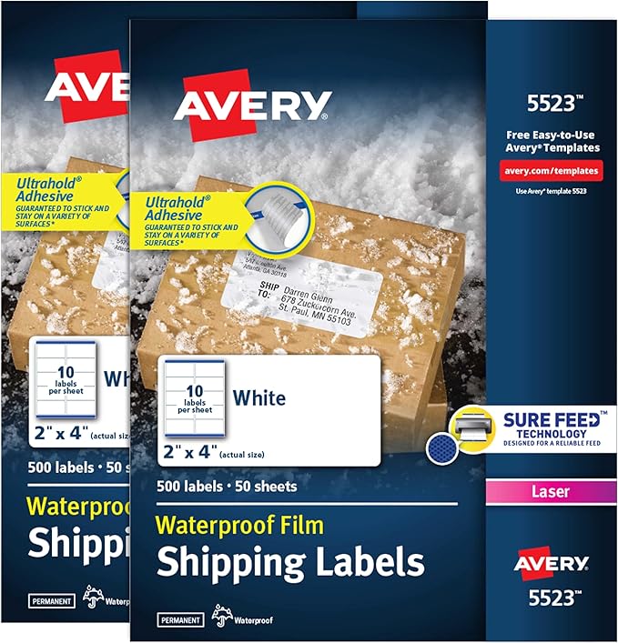 Avery Waterproof Labels with Ultrahold Permanent Adhesive, 2" x 4", Laser, 2-Pack, 1,000 Labels Total (25523)