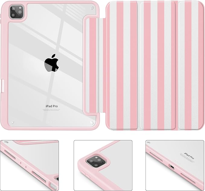May Chen Case for iPad 12.9 Inch (6th/5th/4th/3rd Generation 2022/2021/2020/2018) Pencel Holder + Trifold Support Auto Sleep/Wake Transparent Shockproof Back Cover Blue Bows