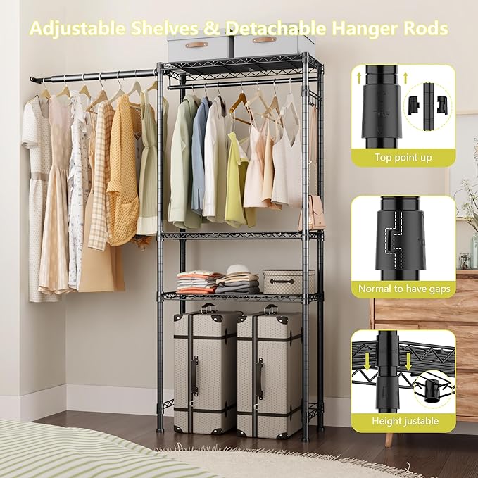 Over Washer and Dryer Shelves,3 Tier Adjustable Wire Shelving Laundry Room Storage Organization Clothes Drying Rack with Mounted on the Wall Expandable Hanger Rods&Hook,55"~74.5"Wx13.4"Dx77"H