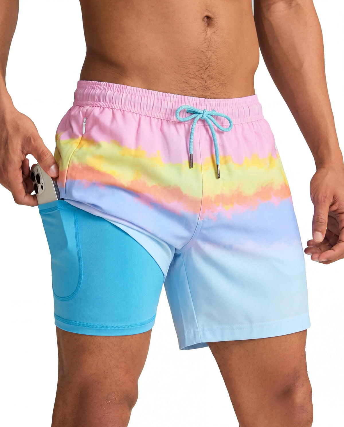 maamgic Mens Swim Trunks with Compression Liner 5 Inch, Quick Dry Bathing Suit with Zipper Pockets, Stretch No-Chafing Swim Shorts, Sunset by the Sea Medium