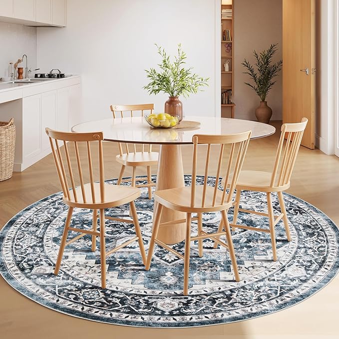 AMADA HOMEFURNISHING 5ft Round Area Rug, Low-Profile Washable 5x5 Rugs with Non-Slip Backing & Durable Edge Binding, Vintage Rug for Kitchen, Bedroom & Hallway, Blue