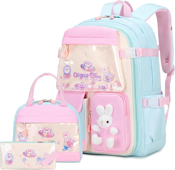 Girls Backpack Set, 3PCS Kids Backpack for Girls, Kawaii Bunny School Backpacks for Girl Kindergarten Elementary Preschool Middle School Bags with Lunch Box Pencil Case Aquamarine