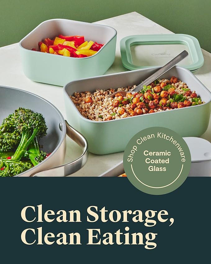 Caraway Glass Food Storage - 6.6 Cup Glass Container - Ceramic Coated Food Container - Non Toxic, Non Stick Lunch Box Container with Lids - Dishwasher, Oven, & Microwave Safe - Mist
