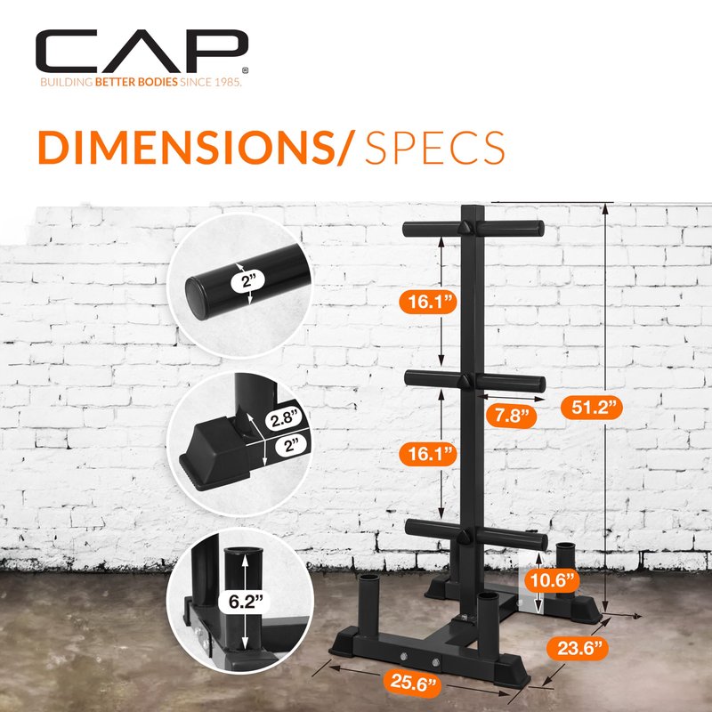 CAP 260 lb Elite Olympic Bumper Plate Set with Storage Rack, 2-Inch Olympic Plates, Medium Bounce Rubber Weight Plates with Stainless Steel Hub, 6 Weight Posts & 4 Barbell Holders for Weightlifting, Strength Training & Home Gym Workouts