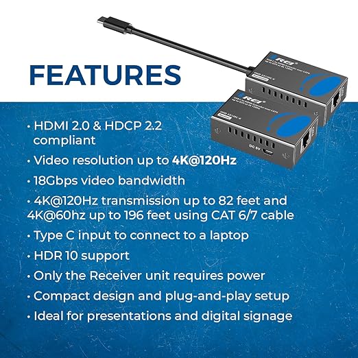 OREI 4K 120Hz USB-C to HDMI Over Cat6/7 Ethernet Extender, 4K, Up to 80ft with HDR & Audio Over Ethernet - Perfect for Extending Your Laptop, Presentation, Meeting Rooms